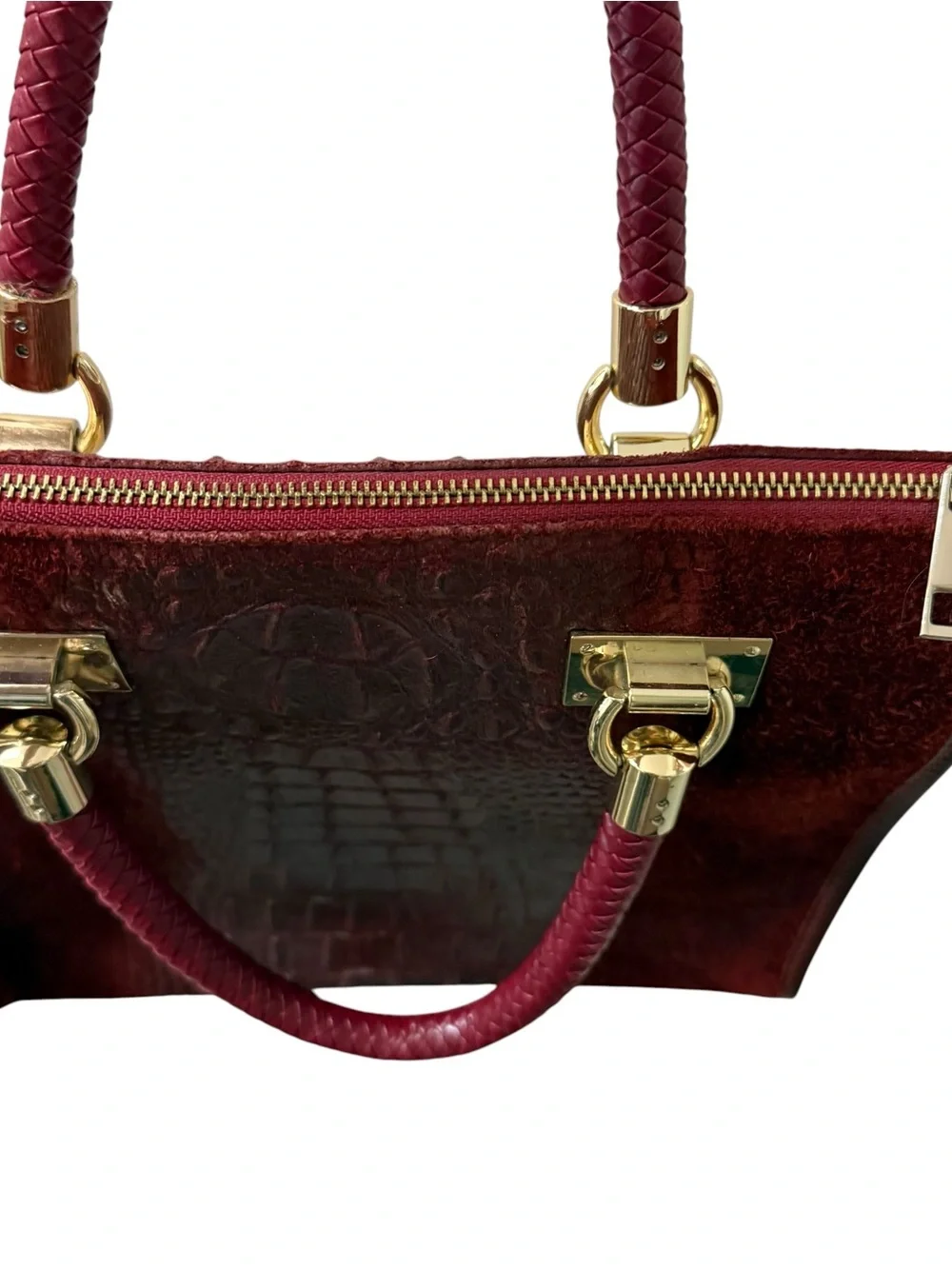 Vera Pelle Burgundy Croc-Embossed Suede Top-Handle Satchel
